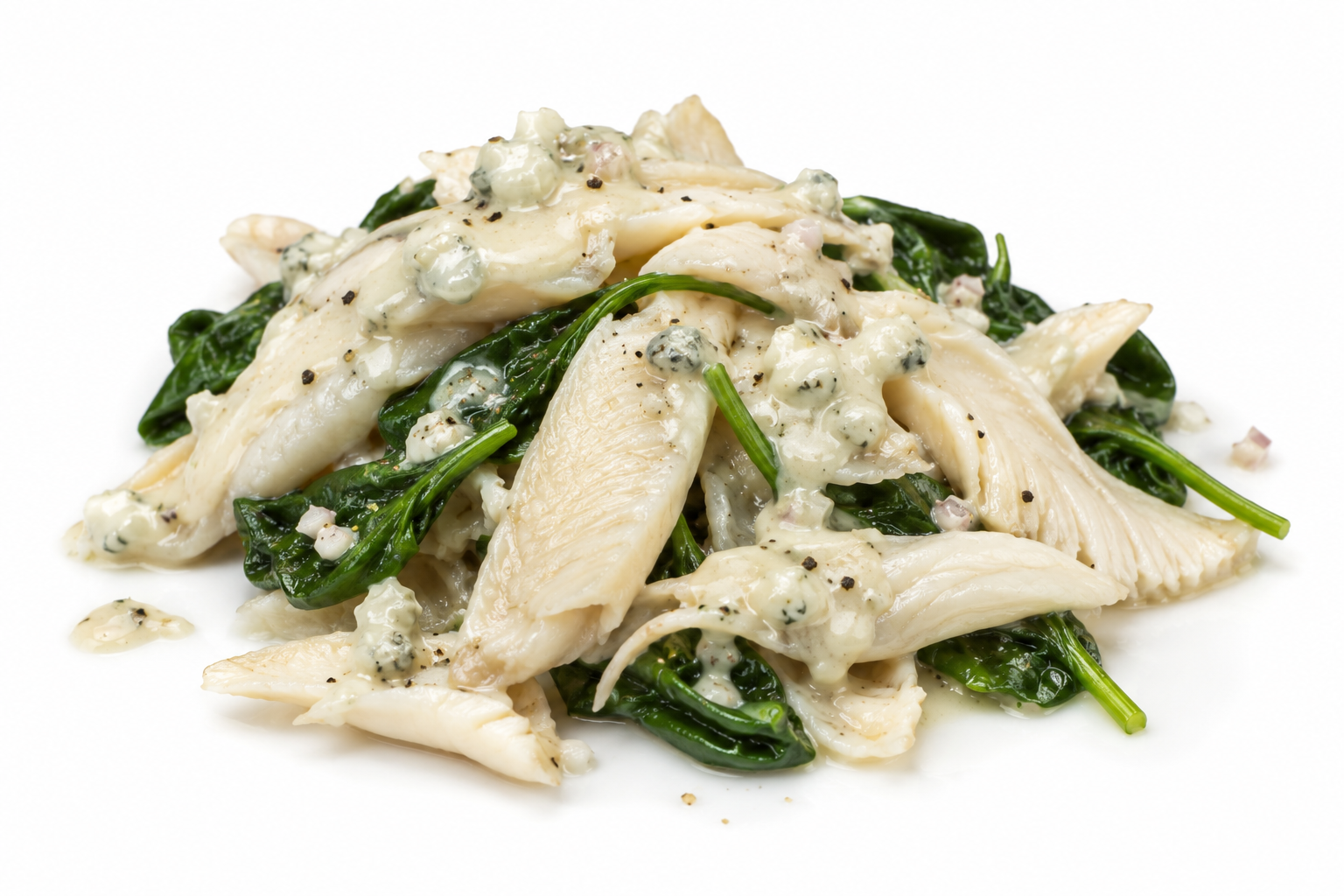 Effiloché de raie , épinard et vinaigrette au Bleu des Causses