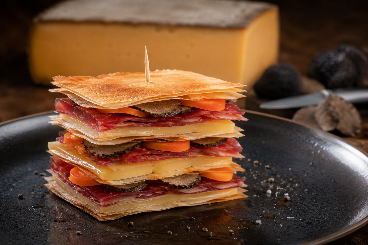 Salers, viande de Grisons et truffe en mille-feuilles