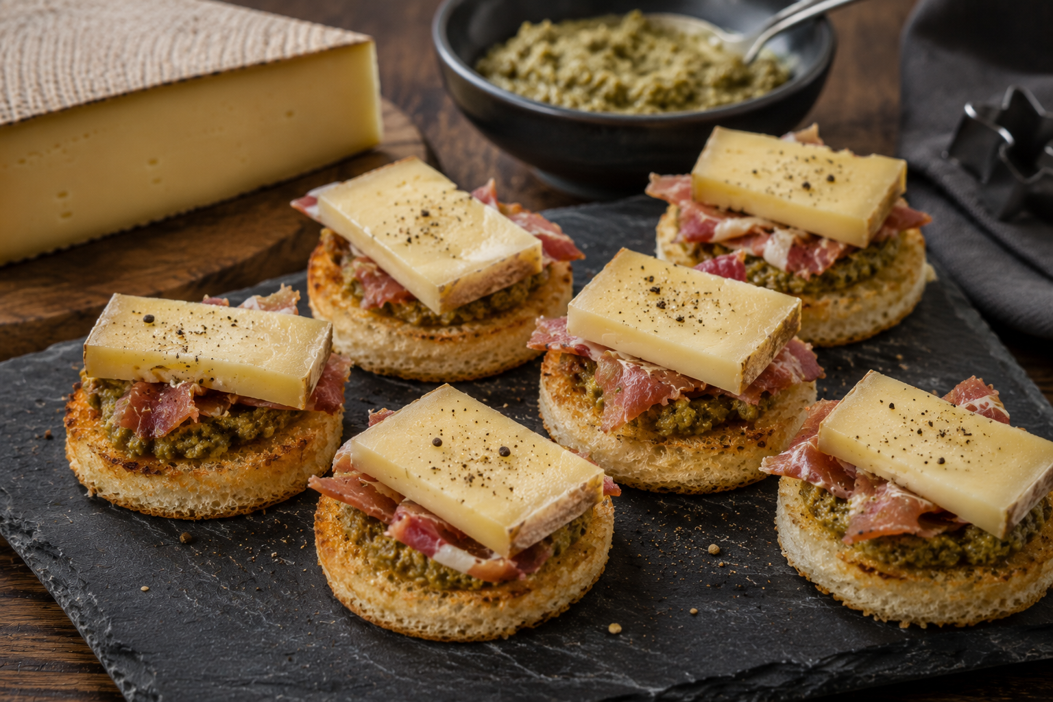 Saint Nectaire et tapenade de cornichon sur toasts